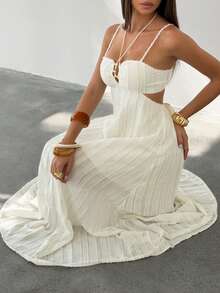 Lyxana Women's Off White Hollow Out Gold Ring Maxi Dress,Summer Boho Vacation Holiday Spaghetti Strap Backless Textured Striped A-Line Resort Elegant - Apricot - View 5