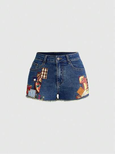 ROMWE Avant Quần short denim thêu họa tiết cổ điển dành cho nữ