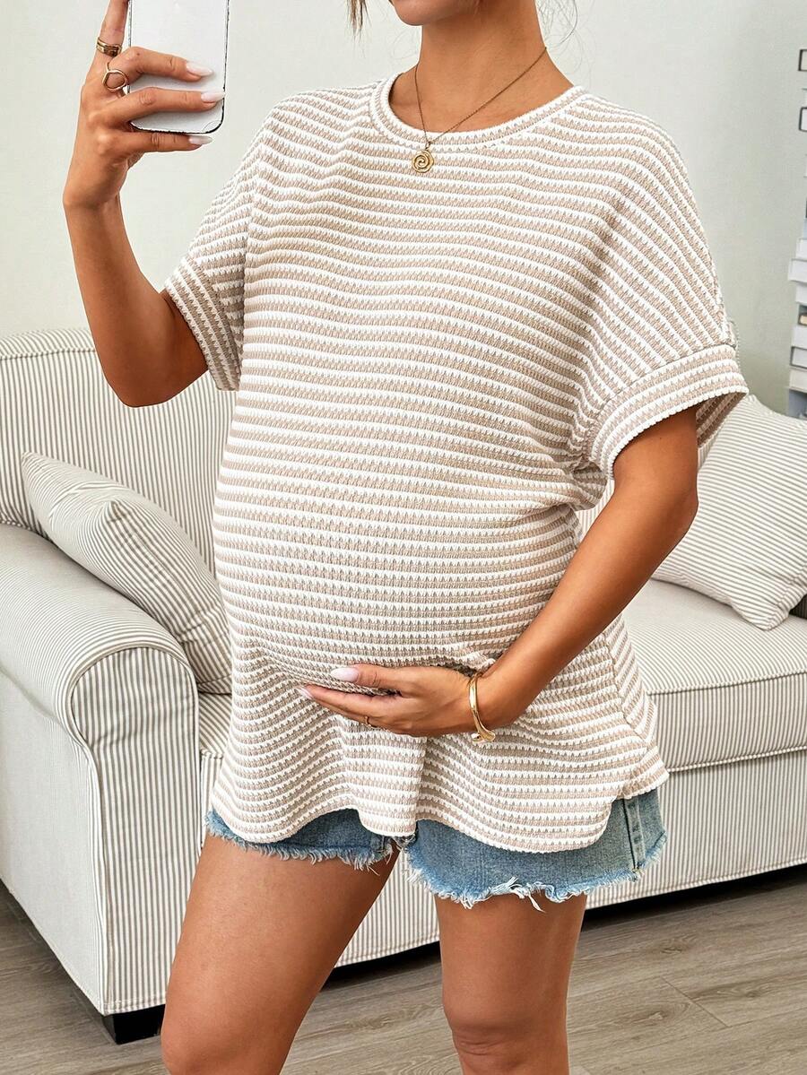 SHEIN Maternity Striped Round Neck Batwing Short Sleeve Casual Loose T-Shirt - Khaki - View 1