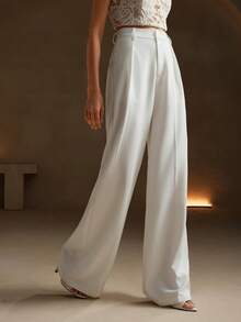 Anewsta Petite 优雅时尚的白色直筒褶裥口袋裤，适合娇小身材，秋冬春夏四季，新年、派对、婚礼等场合皆宜，尽显优雅、时尚、别致、商务休闲风。 - 白色 - 查看 4