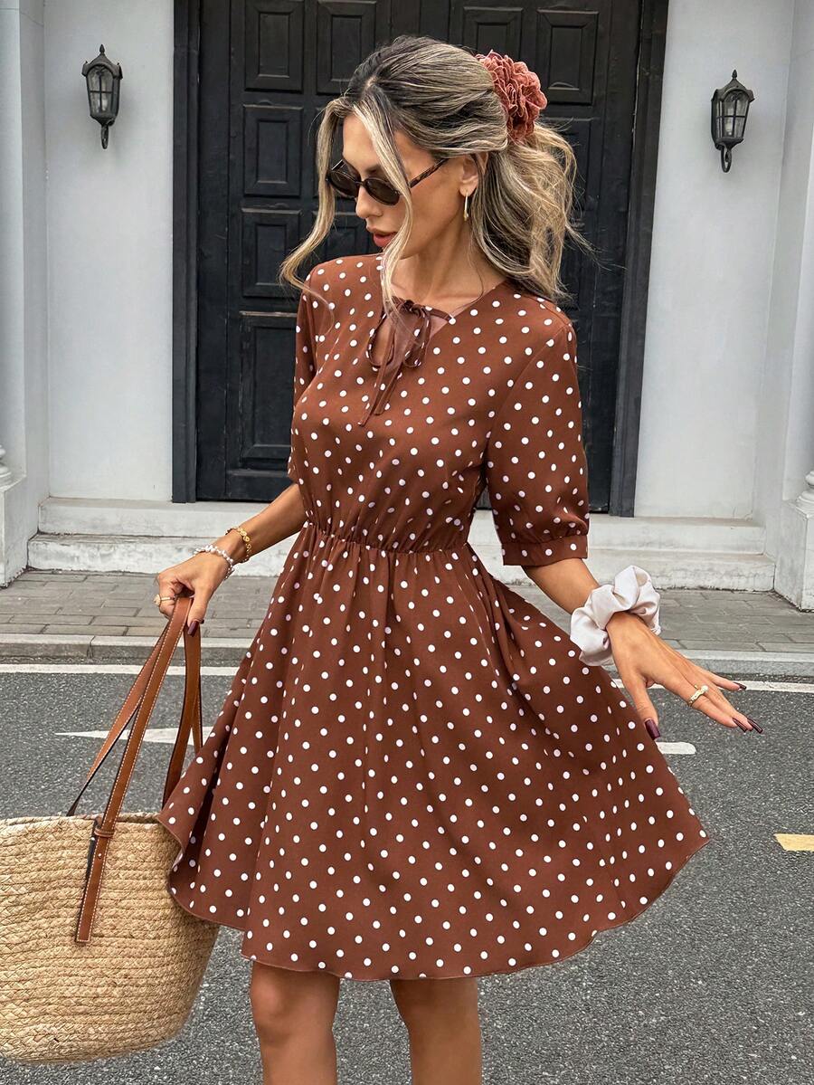 Pariaura Women's Polka Dot Pattern Tie Neck Short Sleeve Casual Dress - Brown - View 1