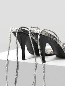 Mnmlis Women's High-Heeled Sandals Spring And Summer New Fashion Modern Sexy Style Open-Toed Snakeskin Pattern PU Cross Strap Women's Dinner Party Wear Stiletto Cool Slippers - Black and White - View 3