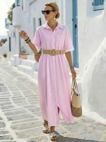 Rafferiza 女士休闲条纹宽松口袋翻领连衣裙，夏季 - 粉色 - 查看 4