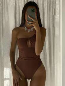 Swim Chiccia Women's Solid Color Ruched One-Piece Swimsuit,Coffee Brown Elegant Summer Vacation Outfits,Holiday Beach Pool Party Beachwear For Women - Brown - View 7