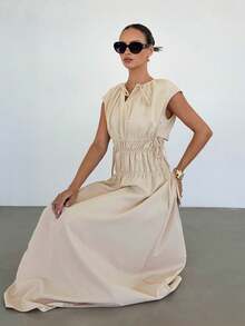 Siren Gaze Women's Elegant Summer Beige Maxi Dress,French Style Smocked Tie Waist Ruched Long Dresses,Casual Vacation Beach Outfit,Tea Party Cream Fitted Dress - Apricot - View 6