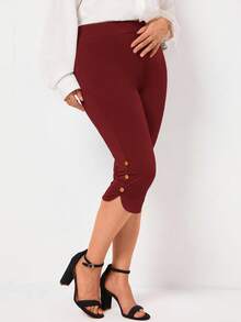 EMERY ROSE Quần ống ôm dáng thanh lịch màu đen dành cho nữ cỡ lớn, thích hợp mặc mùa xuân/hè, có cúc trang trí, kiểu dáng "quần mẹ". - Màu Đỏ Sâu - Xem 4