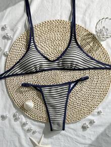 Bonvoyette 女士针织黑白条纹挂脖比基尼上衣，性感比基尼套装 - 彩色 - 查看 2