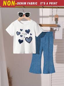 Set de 2 piezas Camiseta y pantalones estilo vaquero con estampado completo para niñas pequeñas, lindo y alegre, versátil para combinar, adecuado para salidas en primavera, verano, otoño e invierno - Multicolor - Ver 3