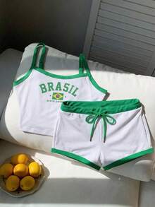 Comfortcana Conjunto de camiseta de tirantes y shorts súper cortos en los colores de la bandera de Brasil - Multicolor - Ver 5