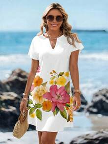 SHEIN LUNE Đầm ngắn cổ chữ V in hoa giản dị dành cho nữ, thích hợp cho kỳ nghỉ xuân/hè. - Nhiều màu - Xem 3