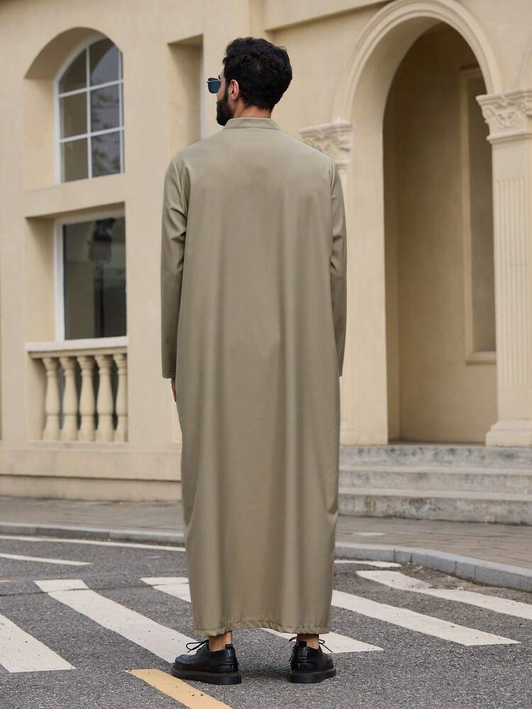 Men's Long Gray Half-Placket Middle Eastern Style Robe Shirt, Spring Summer