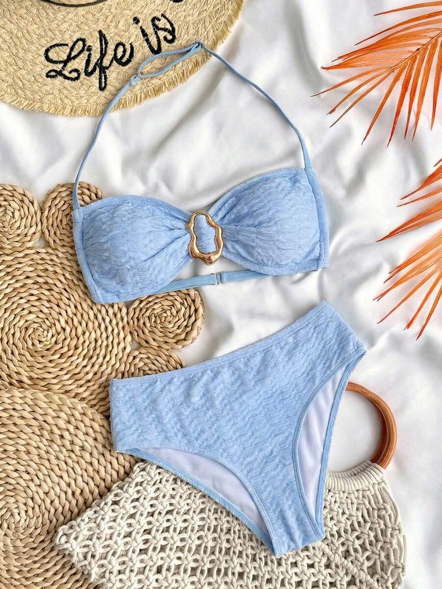 SHEIN Tween Girl Textured Knit Solid Blue Color Strapless Tie Metallic Jewelry Bikini Set For Summer, Bathing Suit Set /Beach Girl Outfit/ Swim Suits Two Pieces/ Bathing Suits For Teens Bikini Set Blue Bikini Summer Beach Swimwear Textured Bikini Light Blue Bikini Swimsuit - Baby Blue - View 1