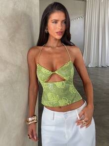 Aloruh Women's Sexy Backless Sequin Strap Camisole For Resort Wear, Spring/Summer - Green - View 6
