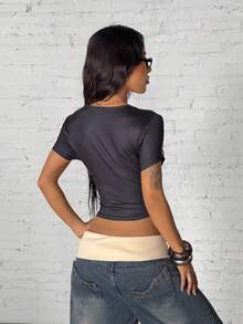 StreetHx Women's Sexy Hottie Letter Print V-Neck Short Sleeve Fitted Retro T-Shirt - Black - View 3