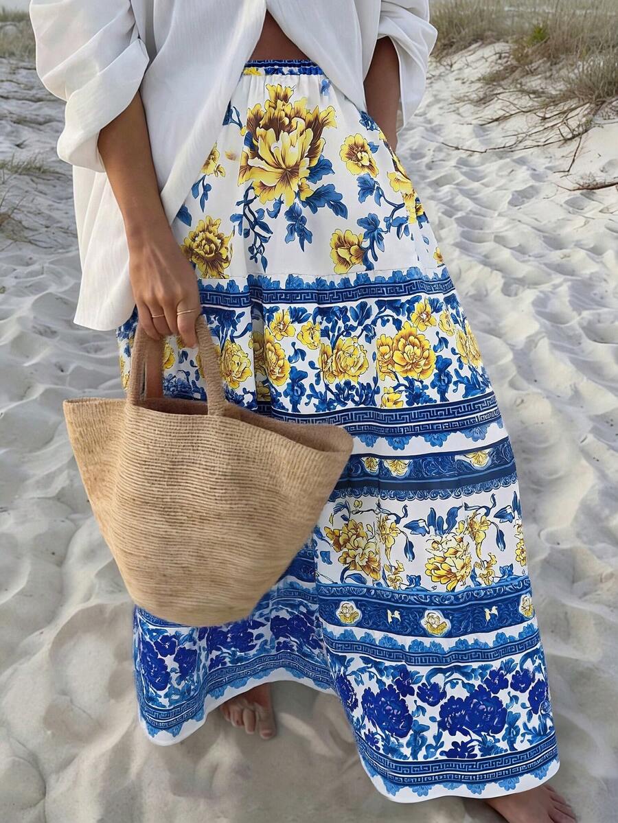 Balvessa Blue Printed Layered Ruffle Skirt For Women, Vacation - Blue - View 1