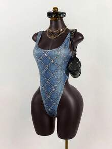 SaltGleam SaltGleam Women's Fashion Street Style Faux Denim Print Square Neck Thick Strap Backless Bodysuit Y2k Tankini Western Bathing Suit Rhinestone Swimsuit Western Swimsuits Denim Swimsuit - Blue - View 1