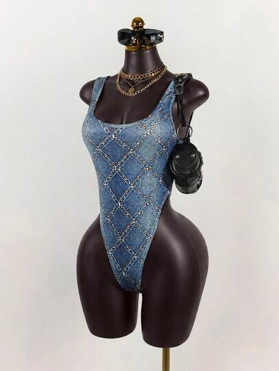 SaltGleam SaltGleam 女士时尚街头风仿牛仔印花方领粗肩带露背连体衣