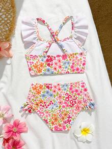 Girls Swimwear,Cute Holiday Resort Multi-Color Ditsy Floral Double Ruffle Trim Tankini,Baby Girl Two Pieces Suit,Fashionable Pink Beach Bathing Suit - Multicolor - View 2