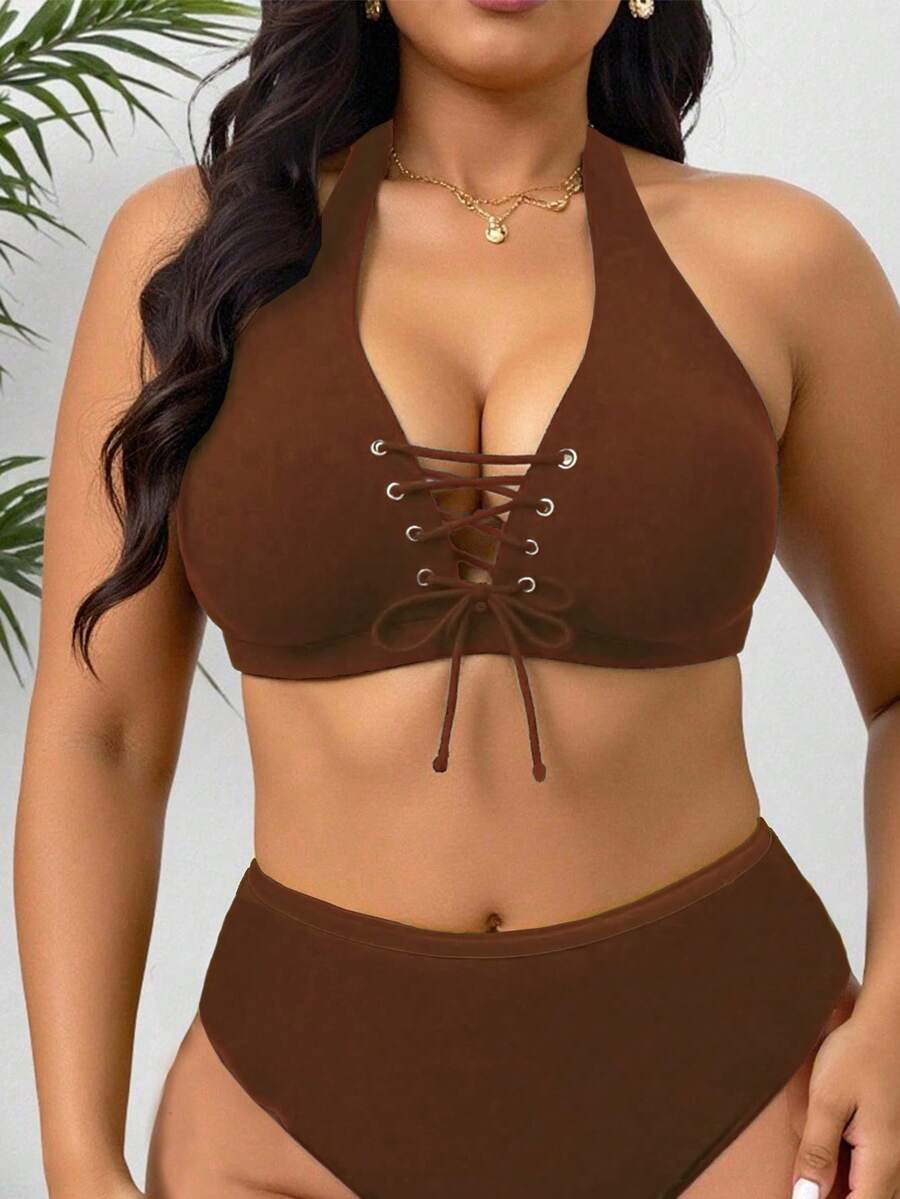 Swim SXY Plus Size Women's Solid Color Vacation Bikini Top - Coffee Brown - View 1