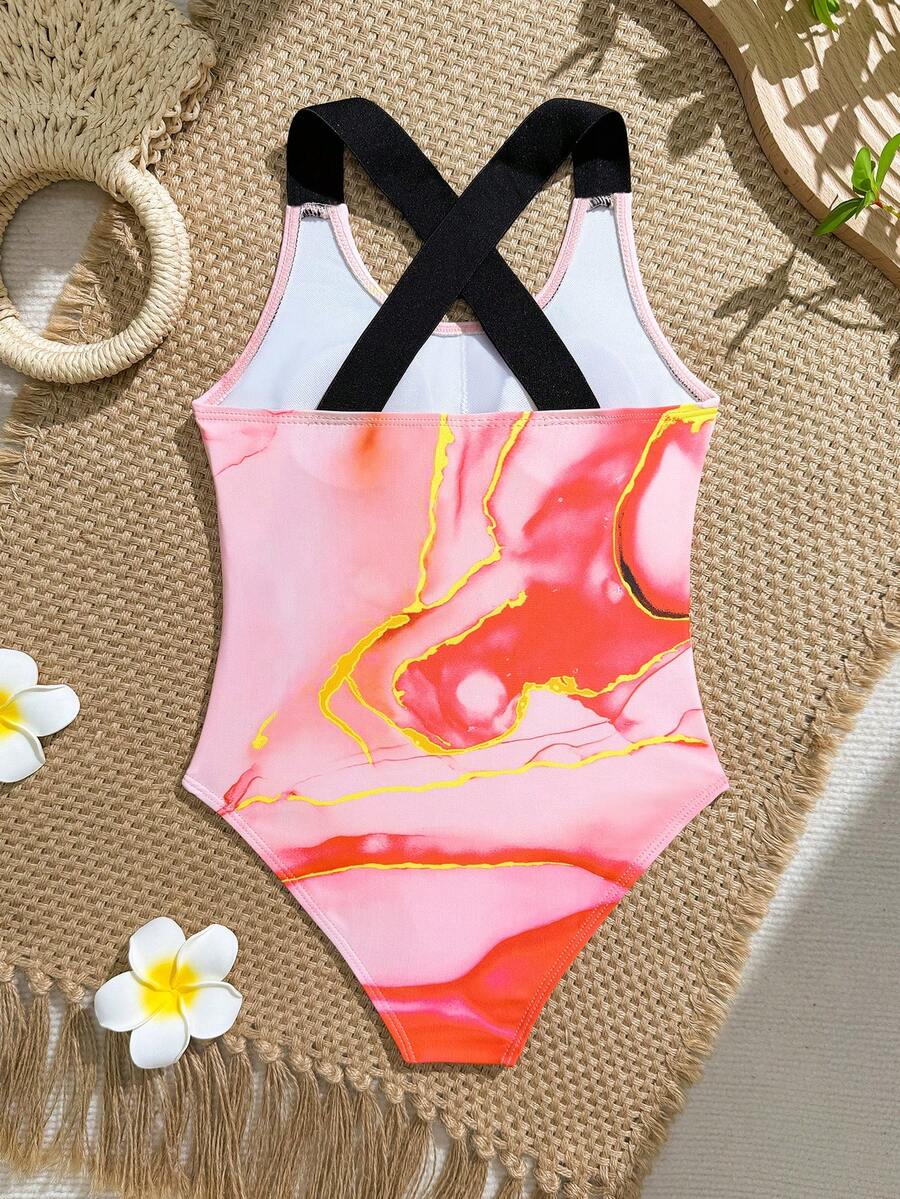SHEIN Traje de baño de una pieza con bloques de color de cuello redondo para niña preadolescente, adecuado para nadar, vacaciones, playa de verano, piscina - Multicolor - Ver 1