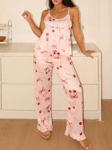 樱桃印花吊带背心和裤子睡衣套装（女士） - 粉色 - 查看 4