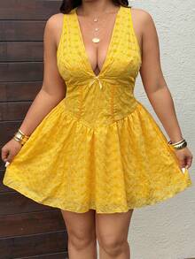 Sunnyshic Vestido Bordado Amarelo Sem Mangas Feminino, Primavera/Verão - Amarelo - Visão 7