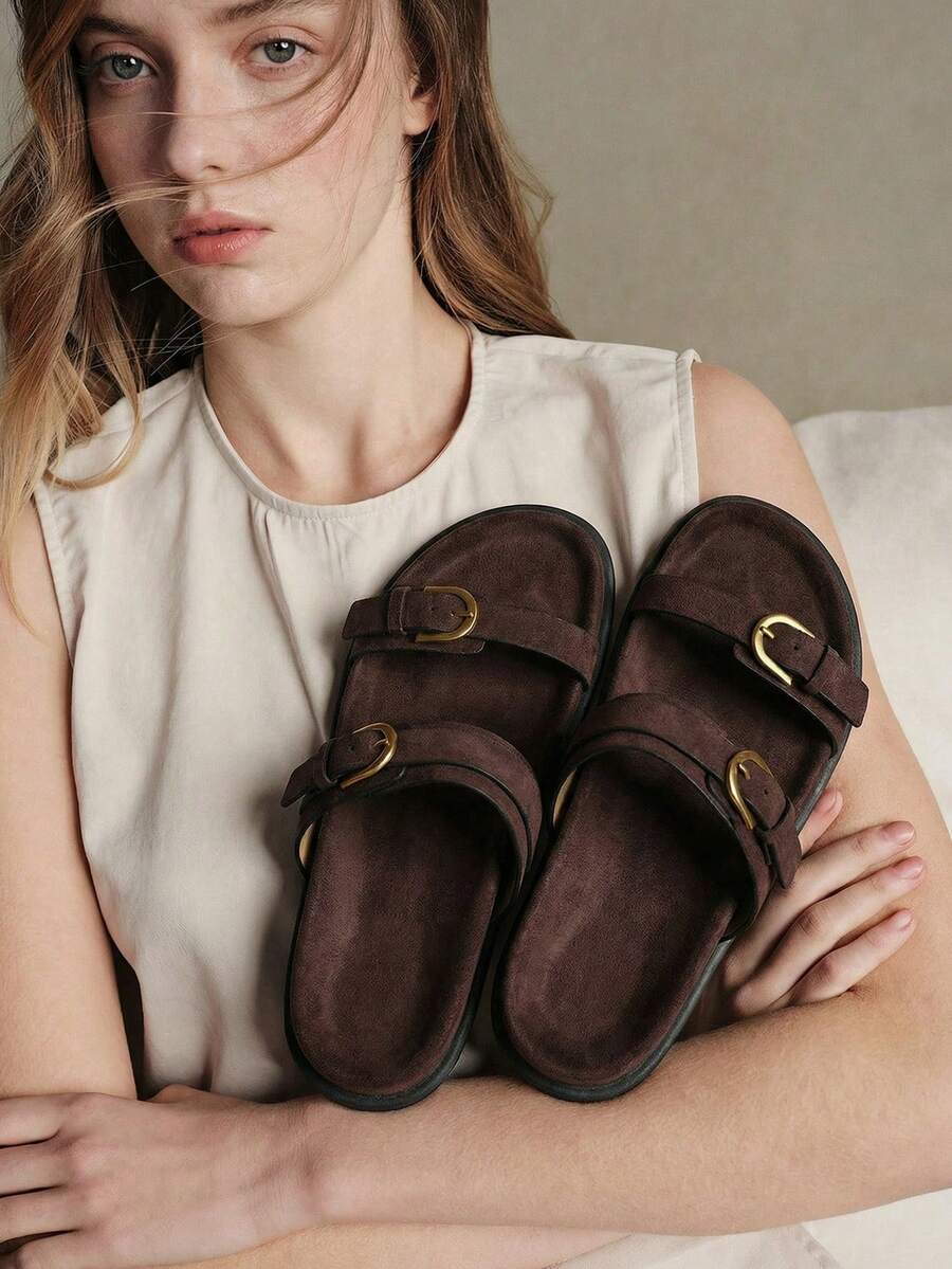 Solecia Dép xăng đan đế bằng thoải mái màu nâu cà phê dành cho nữ. - Cà phê nâu - Xem 1