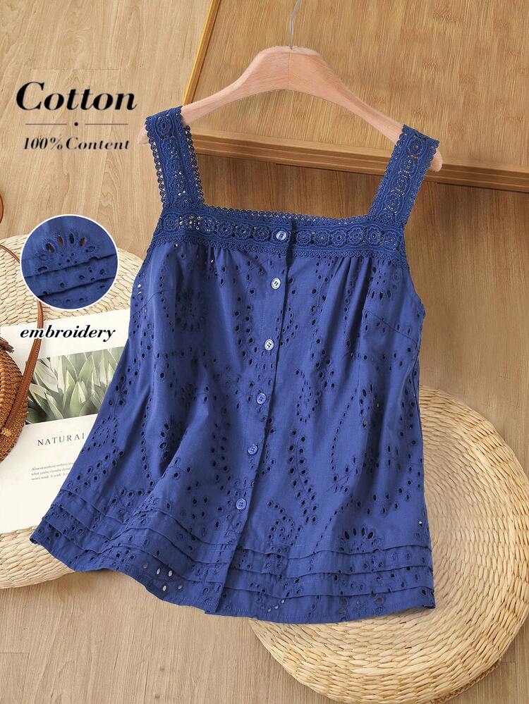 SHEIN LUNE Navy Blue Casual, Comfortable And Elegant Women's Shirt Going Out Top 100% Cotton Summer Tops Spring Outfit Women Vacation Outfits Women Casual Blouses For Women Hollow-Out Floral Embroidered Camisole Top - Blue - View 1