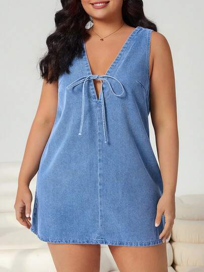Solflare Plus Size Summer Casual Minimalist Front Tie Sleeveless Denim Dress Spring To Summer Carnival Costume Commuting Vacation Graduation Chic Y2k Cute Streetwear Party Wedding Elegant Business Casual Woman Blue Casual Sleeveless Denim Mini Dress For Women Plus Size V Neck Tie Front Lightweight Summer Style Cute Denim Mini Dress Summer Denim Tank Dress French Chic Denim Dress Cute Chic Holiday Casual Dress
