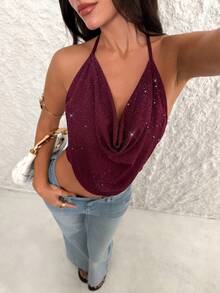 Firerie Solid Concert Draped Front Backless Party Halter Top - Burgundy - View 1