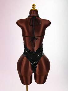 Amplova Bộ đồ liền thân cổ yếm khoét rỗng màu đỏ dành cho nữ, gợi cảm và phá cách, thích hợp cho Ngày Valentine, Năm mới, buổi hẹn hò. - màu đen - Xem 2