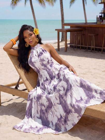 SHEIN Lady Women's Tie-Dye Print Waist Cinching Halter Neck Vacation Dress