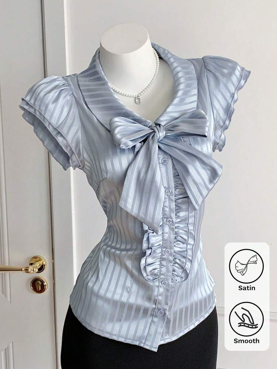Comfortcana Women's Elegant Commuter Striped Shirt With Bow Decor, Summer Vacation Wear, American Casual, Valentine's Day,Carnival, Home Leisure, Beach,Holiday Summer Spring Break Spring Vacation Graduation Wedding Party Ceremony Elegant Vacation Casual Beach Vacation Summer Blue Elegant 2000 Y2K Cute Girly Chest Tied Blouse With Bow Decor - Grey - View 1