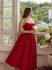 SHEIN MOD Váy hai dây đơn giản, màu trơn, cỡ lớn, phong cách thường ngày - Đỏ - Xem 7