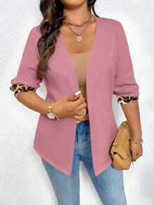 EMERY ROSE Plus Size Women Casual Long Sleeve Blazer Jacket With Leopard Print Patchwork - Pink - View 5