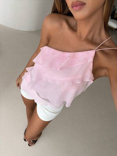 Aloruh Spring/Summer New Elegant Romantic Date Night Valentine's Day Wedding Season Pink Chiffon One-Shoulder Backless Layered Ruffle Blouse, Sexy Beach Ruffle Blouse, Wedding, Elegant Romantic Pink Shirt,Pink Top