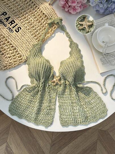 Elamini Women's Fashionable Sexy Green Lace-Up Halter Hollow Out Metal Buckle Mixed Color Knit Sweater Top, Summer