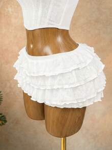 SaltGleam 女士优雅甜美蕾丝拼接荷叶边低腰短裤 - 白色 - 查看 5