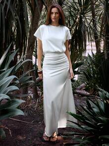 Maija 女士优雅纯色褶皱腰身连衣裙，夏季 - 白色 - 查看 7