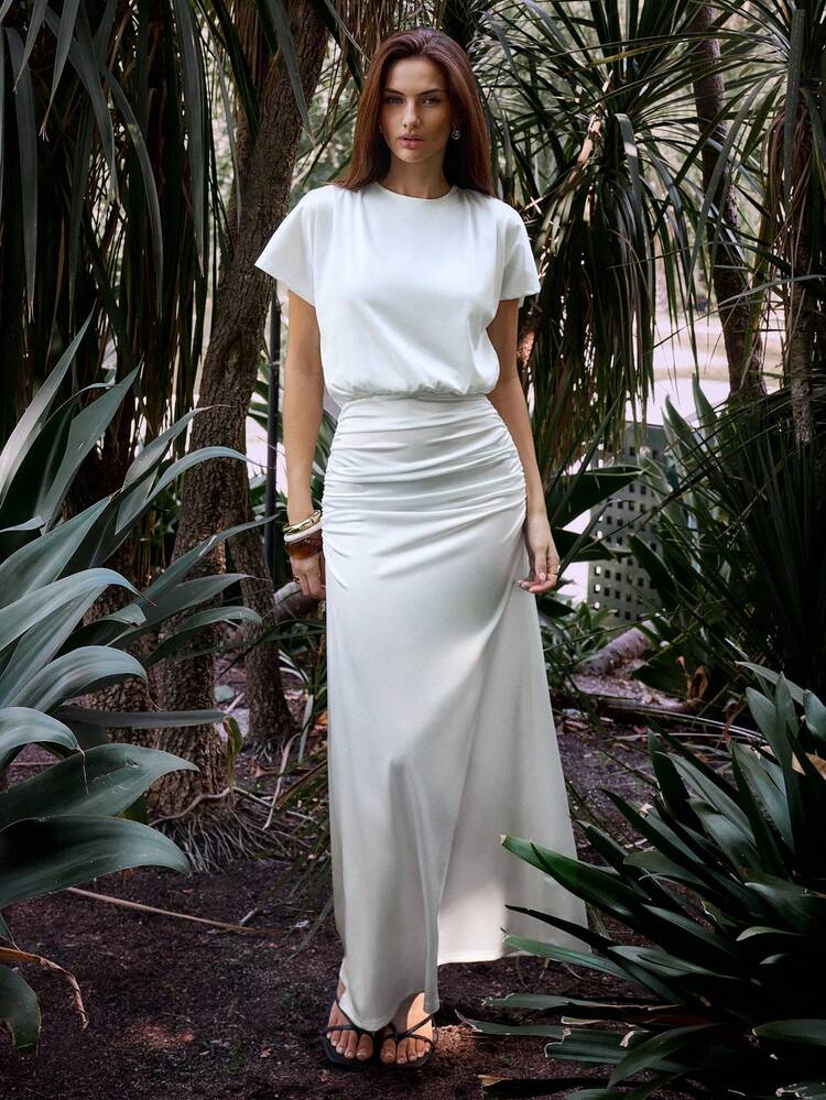 SHEIN Maija Women's Elegant Solid Color Ruched Waist Dress, Summer, Summer Dress, Summer Outfits, Summer Dresses For Women, Summer Clothes, Summer Outfit For Women, Spring Clothing, Spring Dress , Spring Women, Festival Dress, Elegant Dresses For Party, Elegant Party Dresses, Wedding Guest Dress For Women, Wedding Party Dress, Weddings & Events, Bridesmaid Dress, Wedding Guest Party Dress, White Dresses