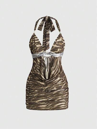 ROMWE Y2K Sexy Diva Music Festival Animal Print Halter Neck Low-Cut Mini Dress For Women