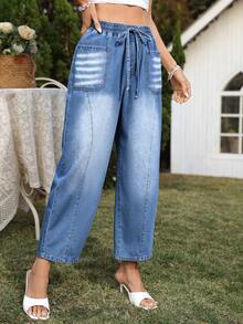 Breezaya Women's Casual Washed Drawstring Waist Jeans - Blue - View 3