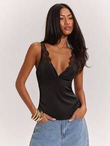 SHEIN BAE 黑色性感透视蕾丝拼接缎面吊带背心，适合性感上衣、夜店装、约会、早午餐、邮轮旅行、工作场合，优雅性感 - 黑色 - 查看 5