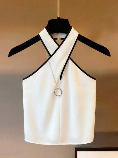 Elenzga Women's Color Block Halter Casual Versatile Daily Wear Top