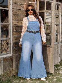 SHEIN LUNE Plus Size Faded Denim Bib Overalls - Medium Wash - View 6