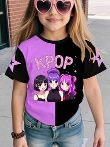 Áo thun ngắn tay cơ bản dành cho bé gái, phong cách thường ngày, sáng tạo, cá tính, tươi mới, tối giản, họa tiết nhân vật nhóm nhạc nữ ảo, ngôi sao và màu tím phối hợp, in chữ đồ họa đen, khẩu hiệu. Thoải mái khi mặc hàng ngày, ấm áp cho mùa hè và mùa thu. Thích hợp cho mùa xuân, hè và thu. - Nhiều màu - Xem 3