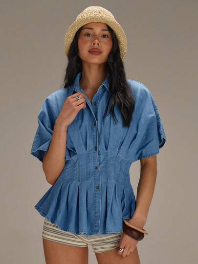 Athîral Women's Denim Blue Shirt | Structured Waist Pleats And Custom Collar, Suitable For Office Wear, Peplum Top, Office Wear, Workwear Style, Structured Shirt, Professional Wardrobe, Business Casual Ladies, Wardrobe Basic Style, Casual Daily Wear, Short Sleeved Top, Blue Top