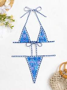 SHEIN Swim 滿版印花掛脖比基尼泳裝 - 彩色 - 查看 4