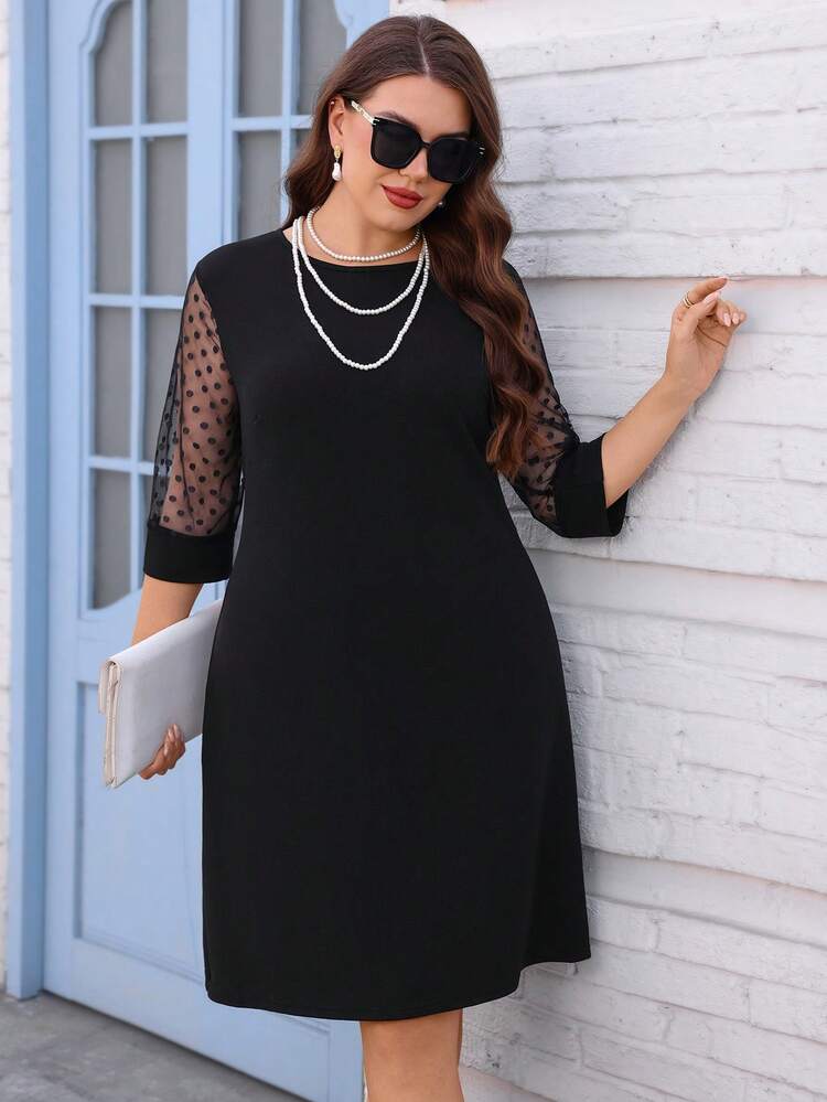 Plus Size Elegant Commuter Polka Dot Mesh Patchwork Dress Zanzea Dress For Women Zanzea Dress Plus Size Zanea Dress For Woman, Vacation Outfits Women,Elegant Dresses For Women Black Dresses For Women Casual Chic Dresses For Women Mesh Sleeve Dress Women Dress Quick Ship Dress
