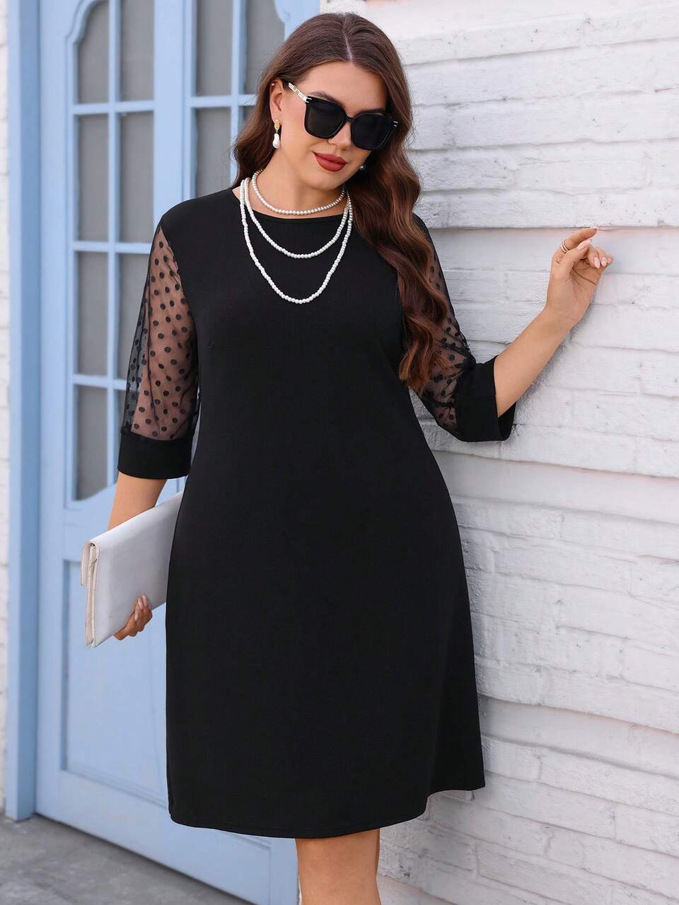 Zanzea Plus Size Black Elegant Autumn Formal Polka Dot Mesh Patchwork Dress For Women, Commuter Dinner Office Evening Vacation Casual Chic
